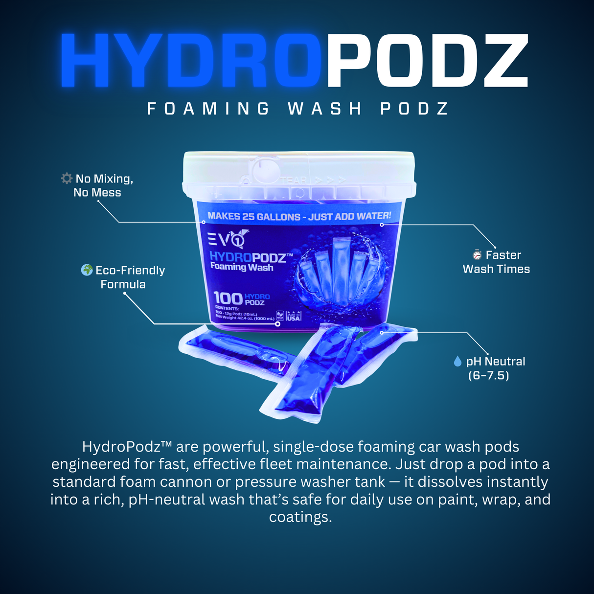 HydroPodz™ 100-count Tub pH Neutral Foaming Vehicle Wash Pods
